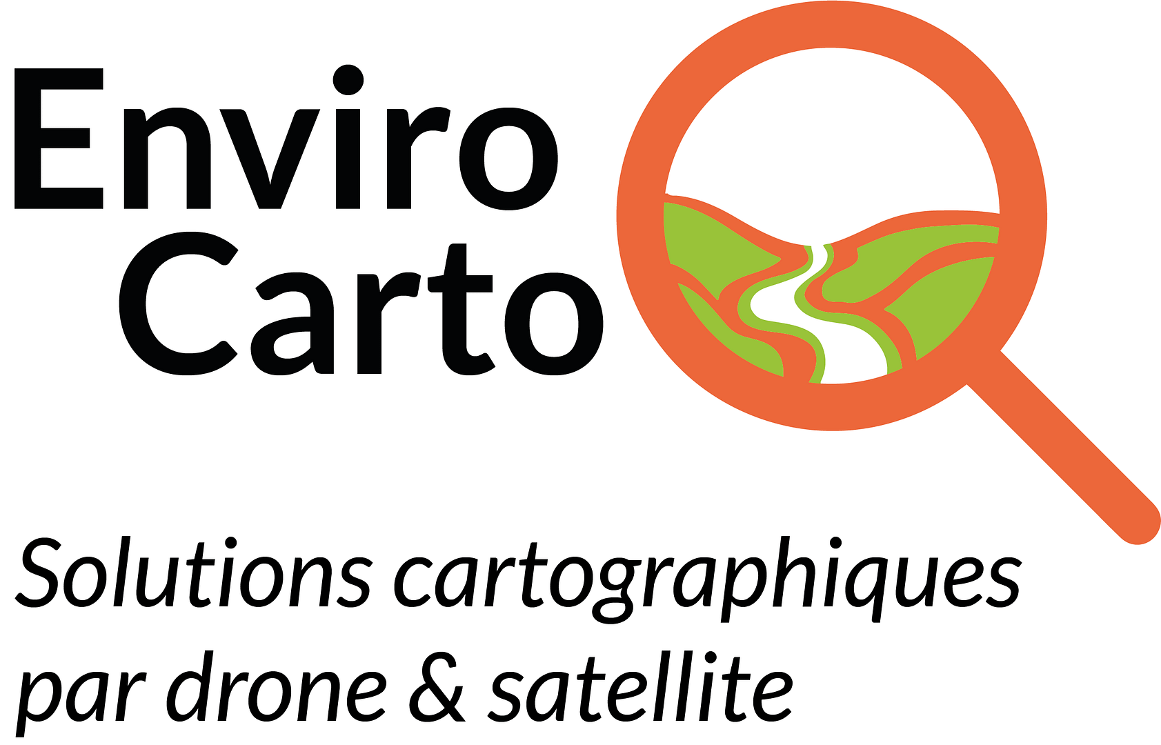 Logo de l'entreprise EnviroCarto (loupe orange avec un paysage à l'intérieur et le slogan: Solutions cartographiques par drone et satellite