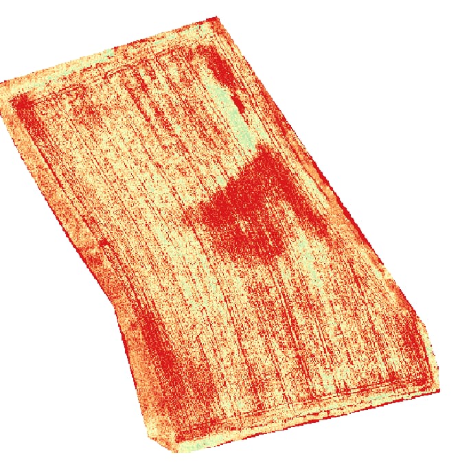 Indice de végétation (en rouge peu de végétation et vert en végétation plus active) - prise de vue par drone multispectral