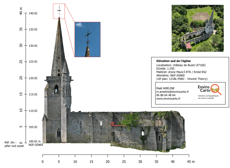 Coupe d'une façade d'une église en ruine avec élévation
